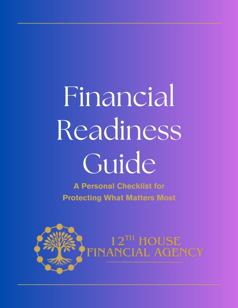 Book cover for Financial Readiness Guide featuring white title text on blue to pink gradient background with gold accents and 12th House Financial Agency logo